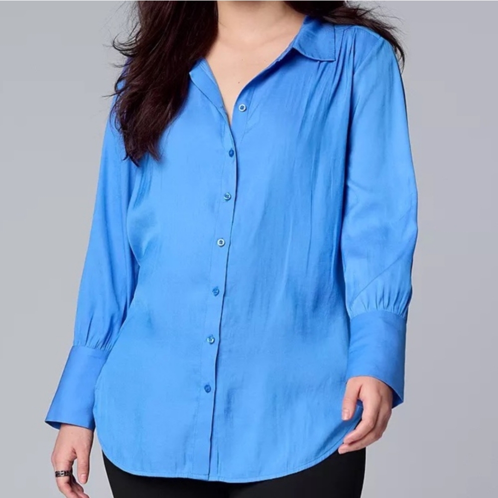 Simply Vera Blue Long Sleeve Button Down Tunic Blouse Size XL